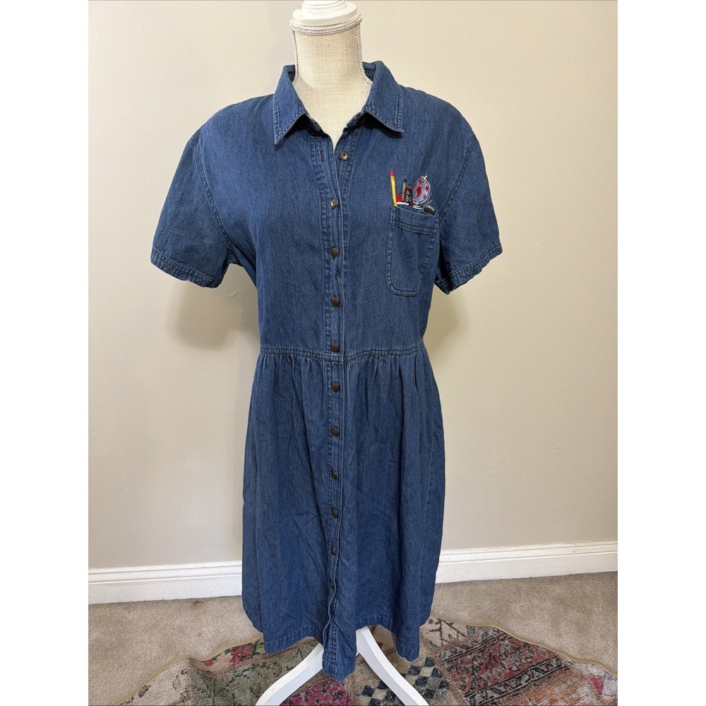 Vintage 90s Olivia Rose Denim Button School Dress Womans 18  Embroidered Teacher